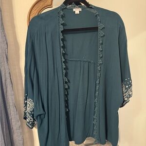 Xhilaration Blue Kimono with White Embroidery